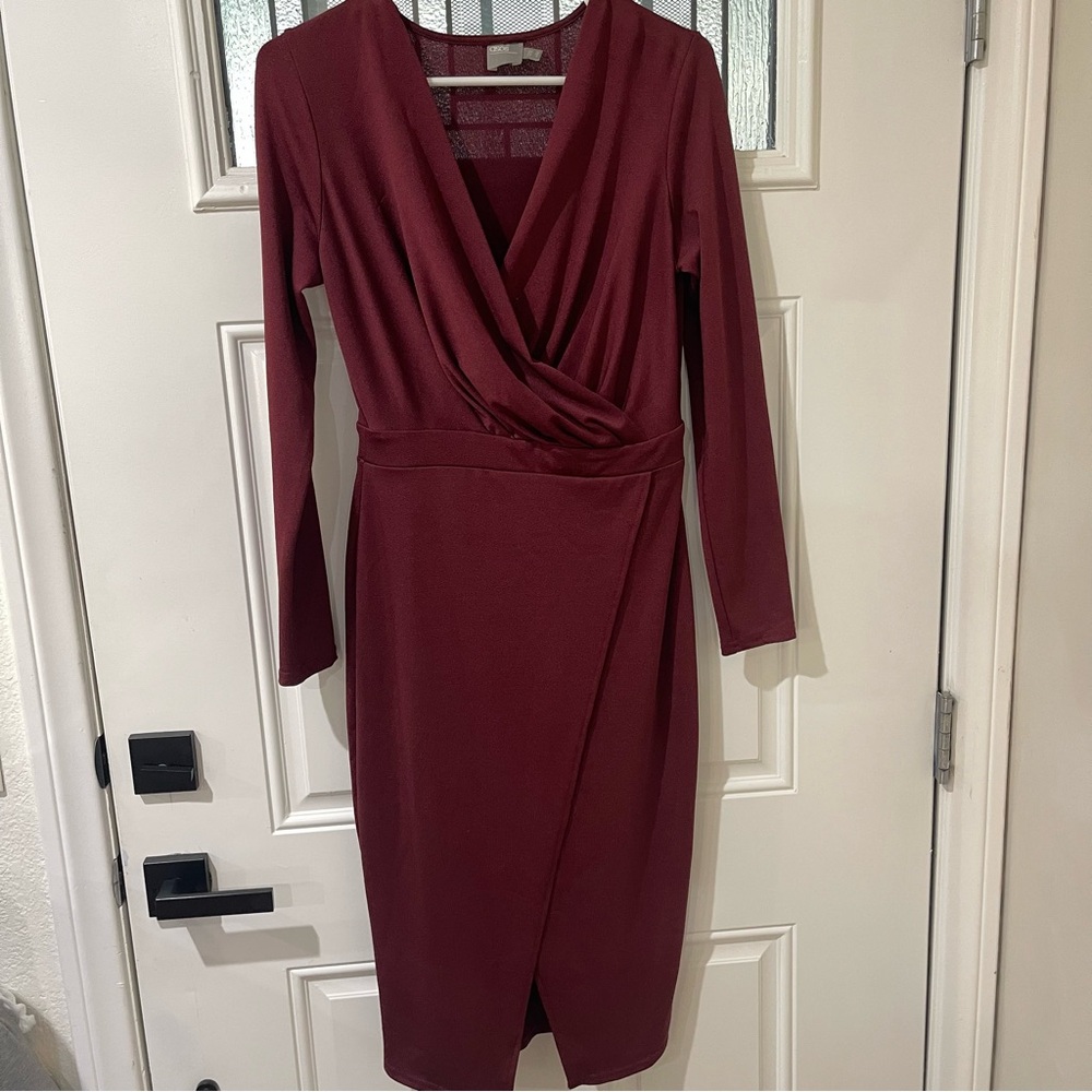 ASOS Red Ruched Wrap Dress Long Sleeve Plunge